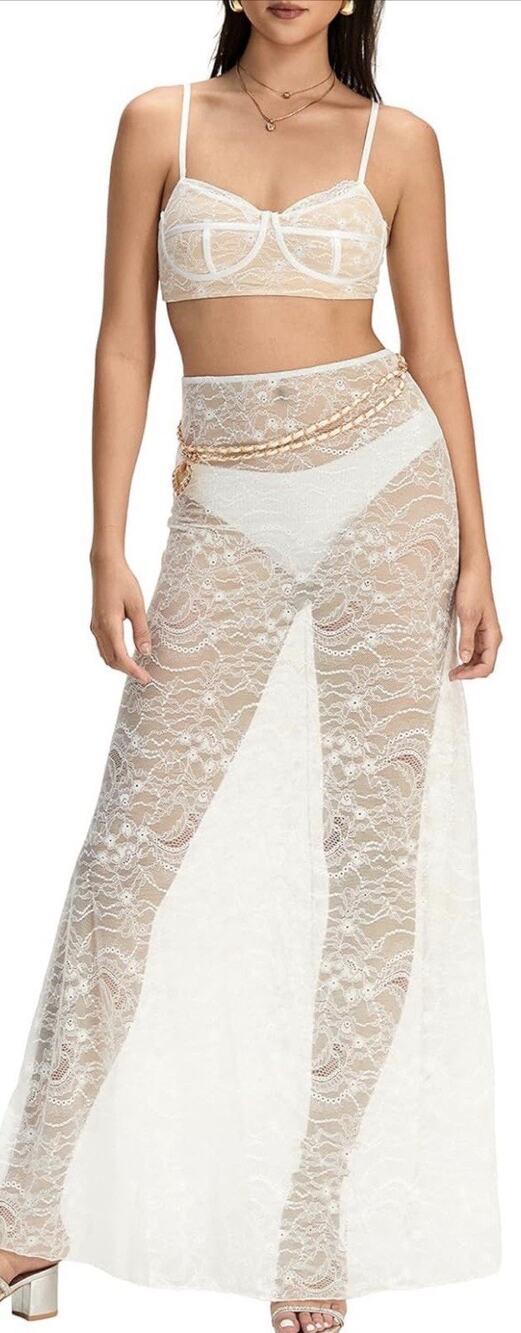 Women 2Pcs Lingerie Set Lace Bra & Maxi Skirt White L